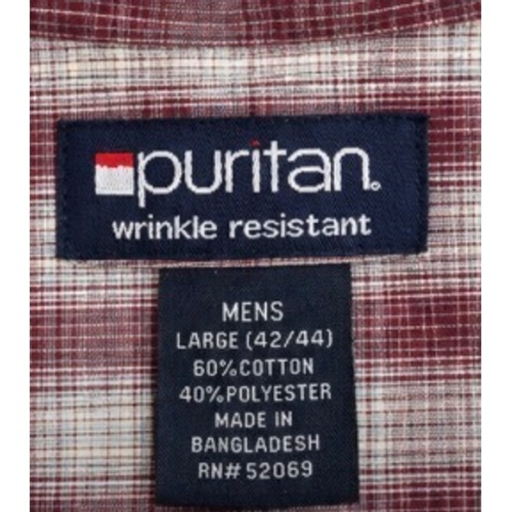 Puritan Mens Large Bordeaux Red Plaid Button Down Shirt Wrinkle Resistant L Long - Picture 4 of 5